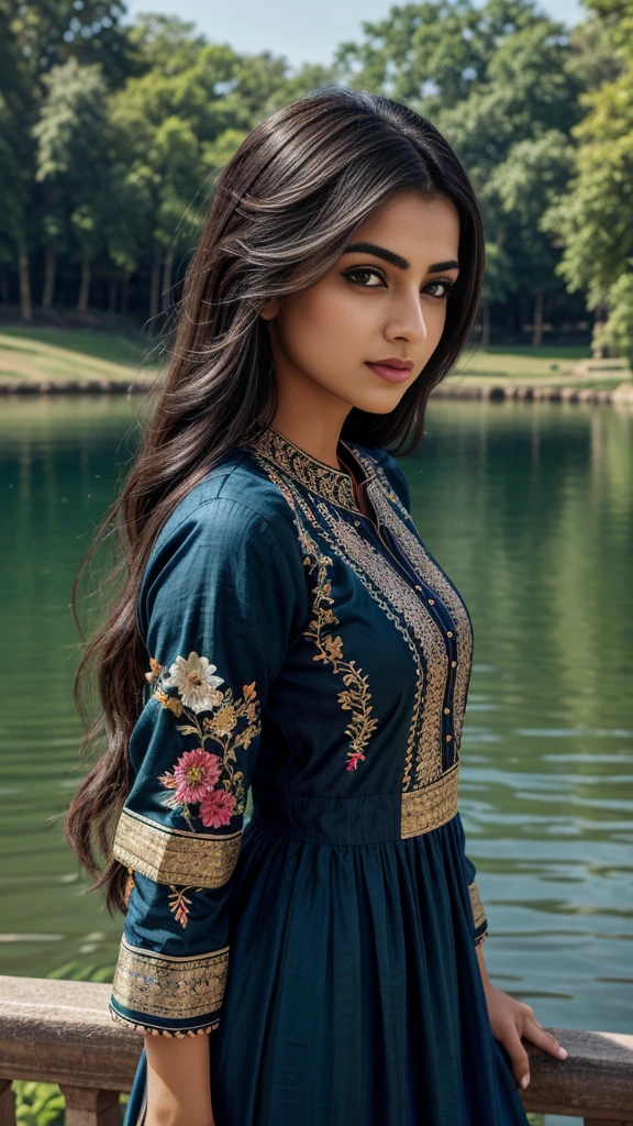ultra-realistic photographs,Indian Instagram female model,mid 20s,9:16,mid-shot,beautiful detailed eyes,detailed lips,longeyelashes,black stylish hair, naturally full eyebrows,perfectly formed nose,expressive face,attractive appearance,candid photo,vibrant and colorful salwar-kameez dress, heavily embroidered dress, lake background, serene atmosphere,stunning architecture,soft and natural lighting,vivid colors,photorealistic,HDR,highres,studio lighting,ultra-detailed,bokeh,fully covered clothes