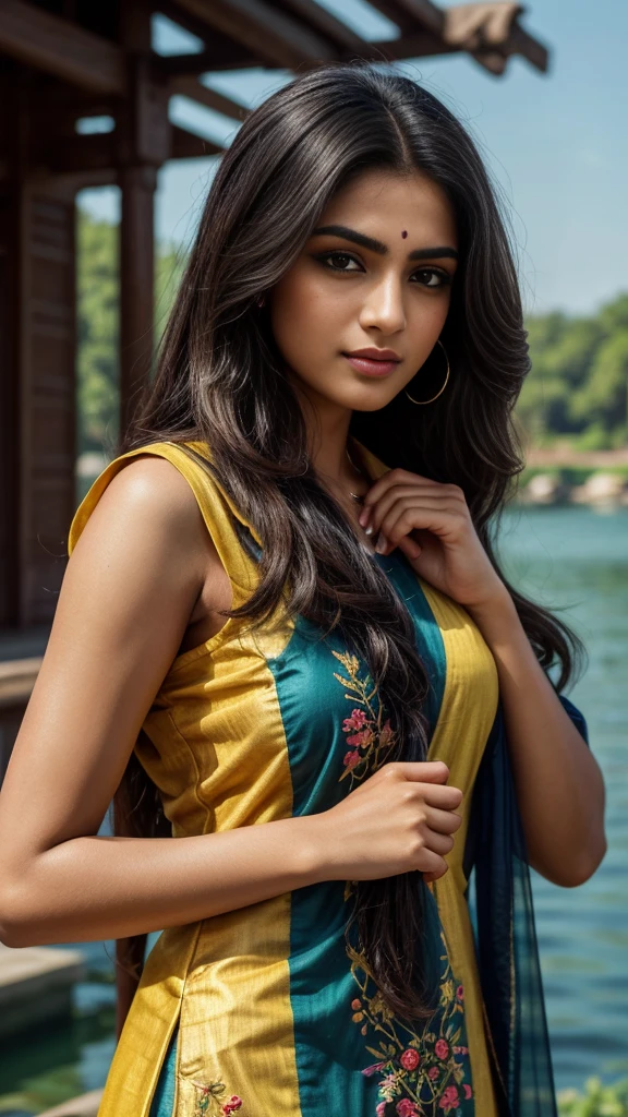 ultra-realistic photographs,Indian Instagram female model,mid 20s,9:16,mid-shot,beautiful detailed eyes,detailed lips,longeyelashes,black stylish hair, naturally full eyebrows,perfectly formed nose,expressive face,attractive appearance,candid photo,vibrant and colorful salwar-kameez dress, heavily embroidered dress, lake background, serene atmosphere,stunning architecture,soft and natural lighting,vivid colors,photorealistic,HDR,highres,studio lighting,ultra-detailed,bokeh,fully covered clothes