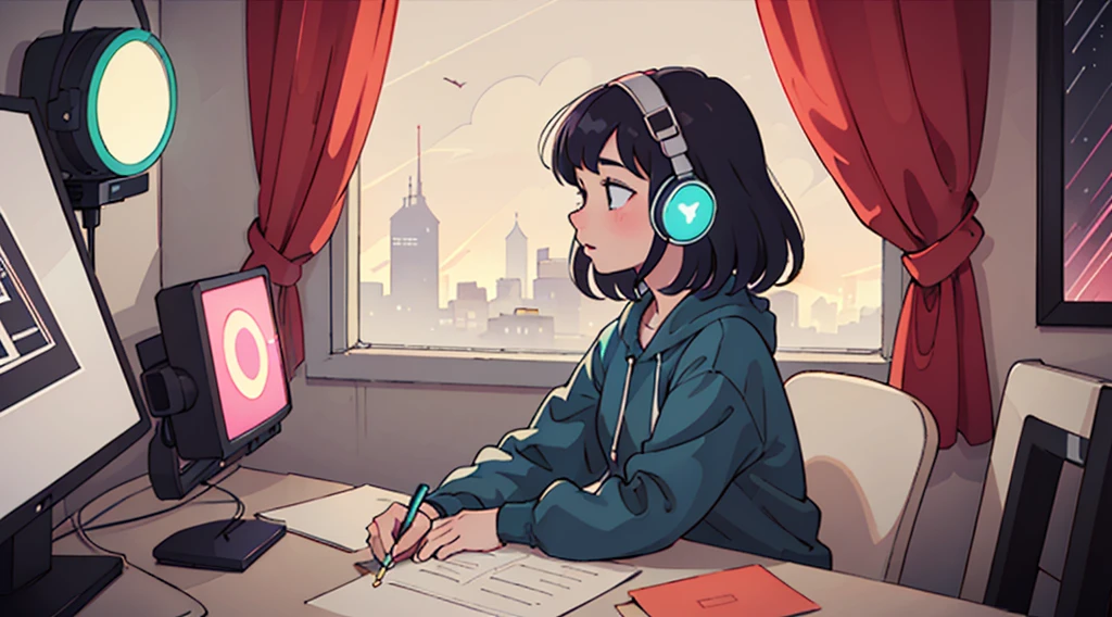 (praise), A girl studying hard at a desk,profile, Put on your headphones, Night Light, Neon scenery on a rainy day seen from the window,Analog Color Theme, Lo-fi Hip Hop , flat, 2.5D ,Line art, Ink drawing, Large gradient, Watercolor, Gouache color, Studio Ghibli style, Great colorful, amount of sales, Synthwave, praise art,90s Style,Old Texture, amplitude,90s vibe, Tabletop, Great skills
