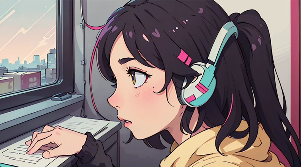 (praise), A girl studying hard at a desk,profile, Put on your headphones, Night Light, Neon scenery on a rainy day seen from the window,Analog Color Theme, Lo-fi Hip Hop , flat, 2.5D ,Line art, Ink drawing, Large gradient, Watercolor, Gouache color, Studio Ghibli style, Great colorful, amount of sales, Synthwave, praise art,90s Style,Old Texture, amplitude,90s vibe, Tabletop, Great skills