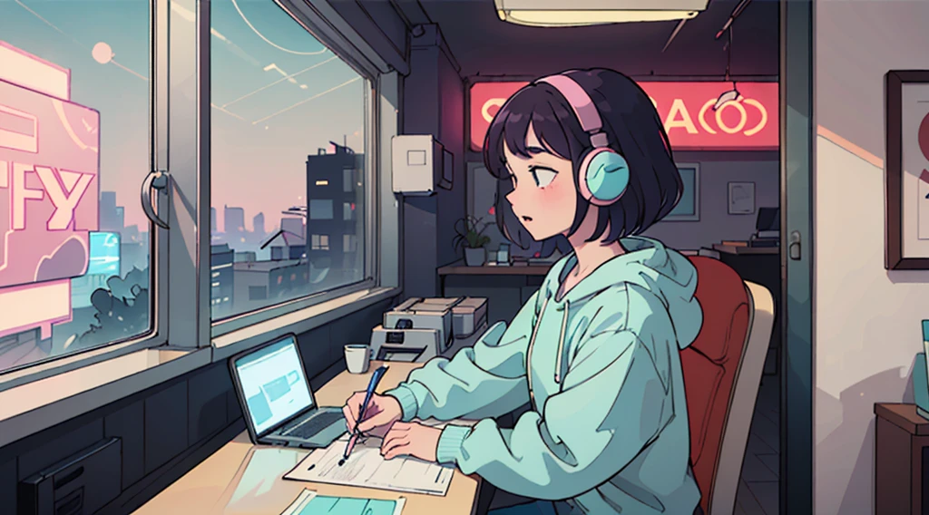 (praise), A girl studying hard at a desk,profile, Put on your headphones, Night Light, Neon scenery on a rainy day seen from the window,Analog Color Theme, Lo-fi Hip Hop , flat, 2.5D ,Line art, Ink drawing, Large gradient, Watercolor, Gouache color, Studio Ghibli style, Great colorful, amount of sales, Synthwave, praise art,90s Style,Old Texture, amplitude,90s vibe, Tabletop, Great skills