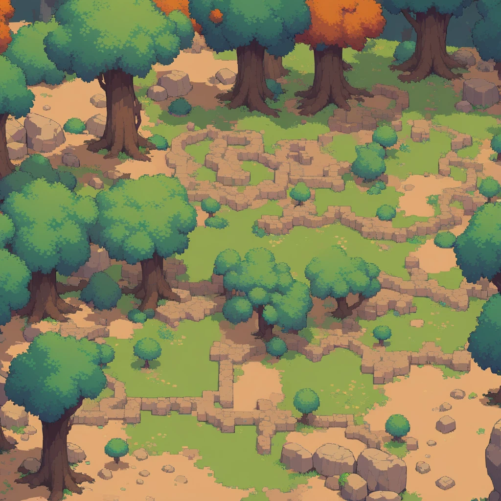 retro video game style,pixelated graphics,vibrant colors,8-bit characters,blocky shapes,sharp lines,detailed shading,classic gaming vibe,nostalgic atmosphere,classic arcade games,masterpiece:1.2,ultra-detailed,illustration style, 2d texture, clay texture, stone texture, 4 k seamless mud texture, video game texture, dirt texture, clay material, flat texture, grass, trees, rock texture, rocky ground, forest, topdown view, game texture, background art, ground very detailed, dirt, floor texture, tileable texture, flowers, bushes, shrubs, intricate ground stone, top down view, 3/4th perspective