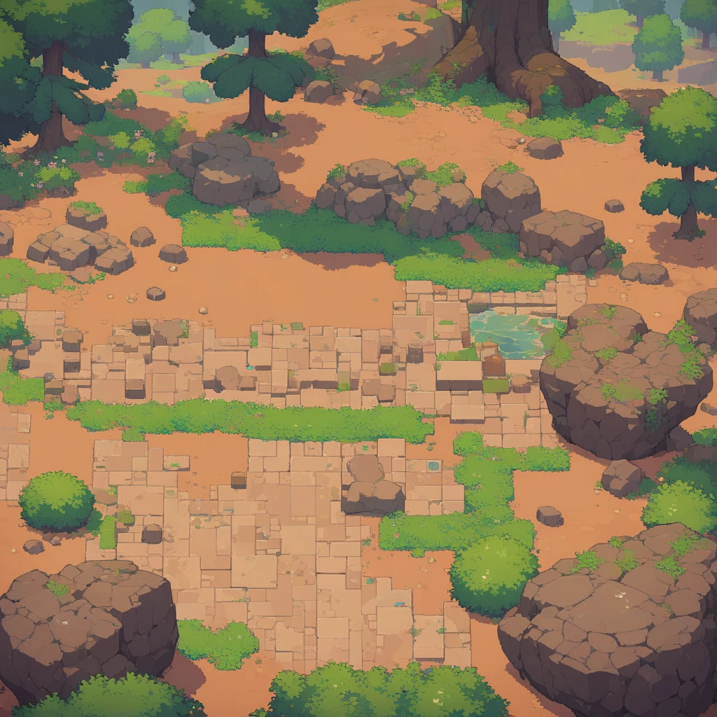 retro video game style,pixelated graphics,vibrant colors,8-bit characters,blocky shapes,sharp lines,detailed shading,classic gaming vibe,nostalgic atmosphere,classic arcade games,masterpiece:1.2,ultra-detailed,illustration style, 2d texture, clay texture, stone texture, 4 k seamless mud texture, video game texture, dirt texture, clay material, flat texture, grass, trees, rock texture, rocky ground, forest, topdown view, game texture, background art, ground very detailed, dirt, floor texture, tileable texture, flowers, bushes, shrubs, intricate ground stone, top down view, 3/4th perspective
