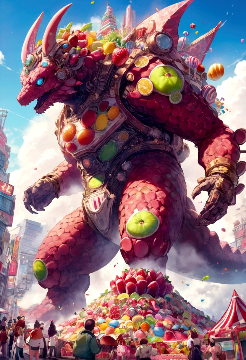 Giant Kaiju made of bright bits of fruit salad battle in a candy land Tokyo, Steam Punk styling