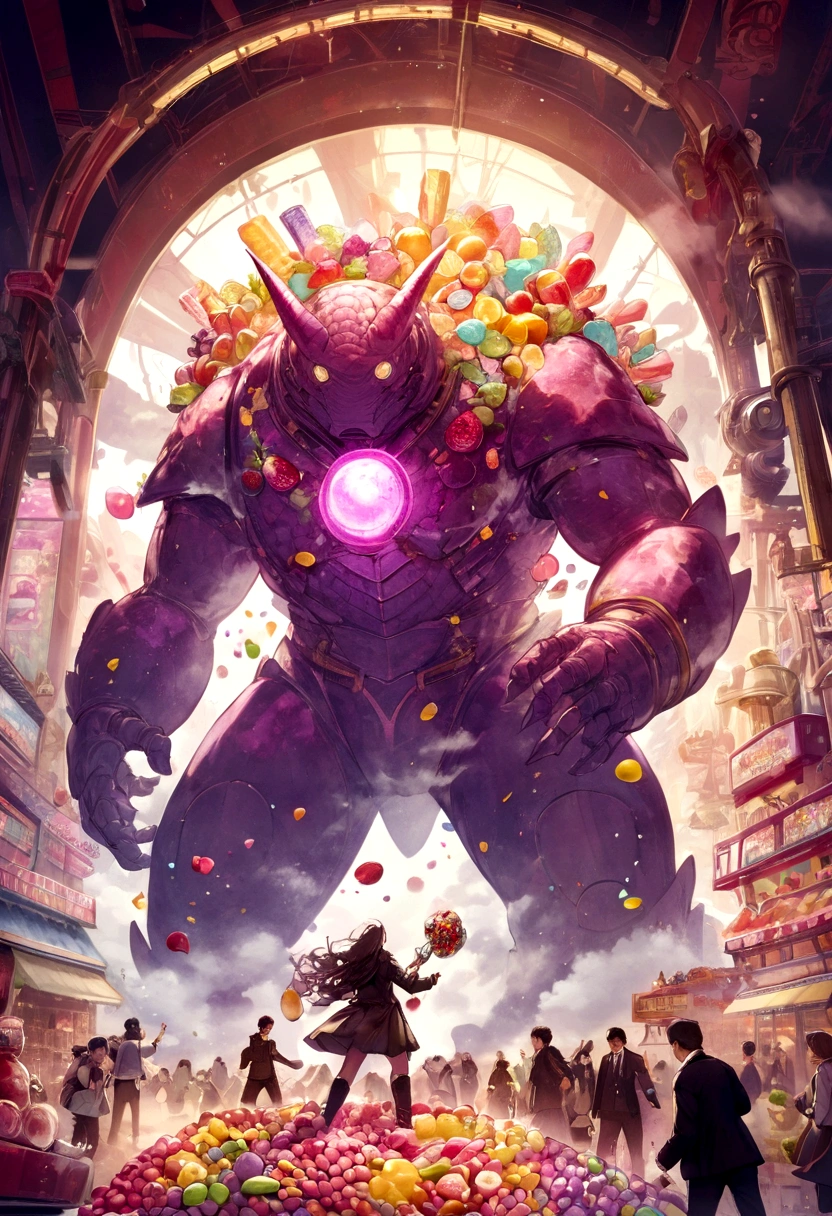 Giant Kaiju made of bright bits of fruit salad battle in a candy land Tokyo, Steam Punk styling
