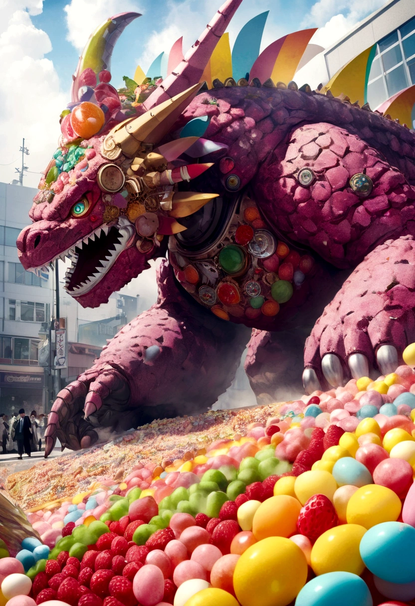 Giant Kaiju made of bright bits of fruit salad battle in a candy land Tokyo, Steam Punk styling
