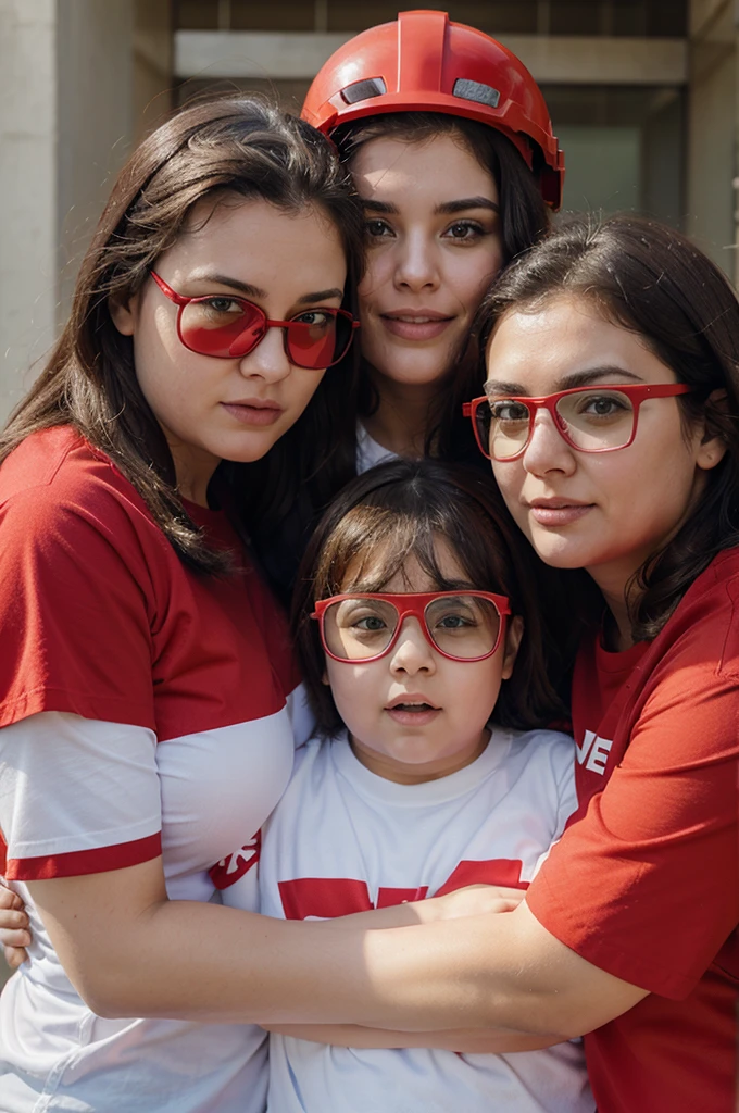 a fat man and two women working as safety hugging each other wearing red safety shirts and red helmets wearing white safety glasses