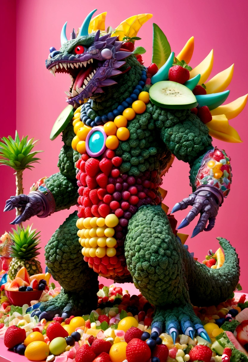 Giant Kaiju made of bright bits of fruit salad battle in a candy land Tokyo, Steam Punk styling
