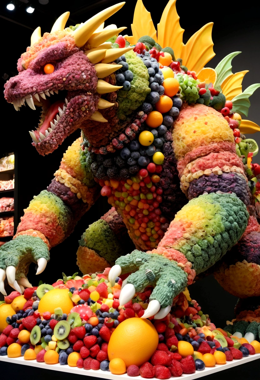 Giant Kaiju made of bright bits of fruit salad battle in a candy land Tokyo, Steam Punk styling
