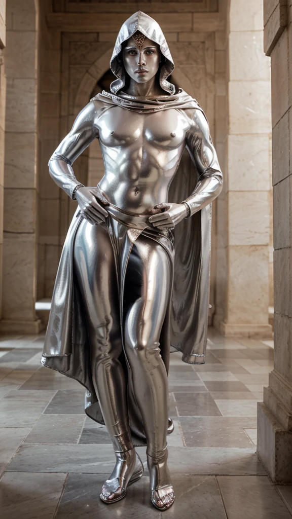 A full-length statue of a beautiful sexy young man with beautiful silver eyes, looking forward, with silver skin - The Moon God, made of silver, Arab appearance, naked, in a silver skirt to the floor, with a hood, semicircular symbols on clothes 
In a temple with Arabic architecture made of silver