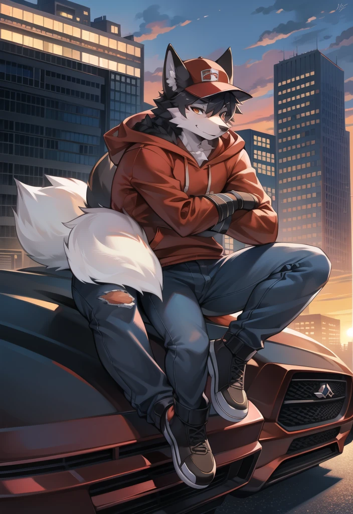 (Fox, furry, anthropomorphic), Male, siting on car hood, city background, outside, wearing jeans wearing red hoodie, Furry art, Fur on arms, big Floofy tail, fur on legs, (Black Fur covering whole body, Best quality, human like body figure), looking at sunset, wearing white hat