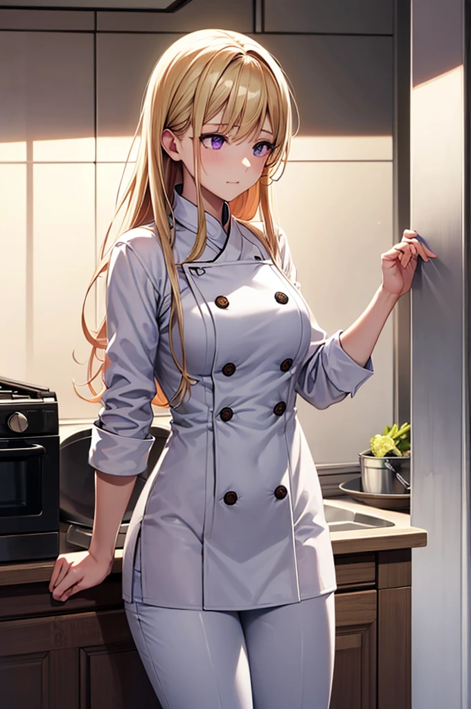 High resolution, masterpiece, At least that is it, shokugeki no souma, blonde, alone, One girl, cute, Fine grain, Long Hair, Purple eyes, Chef costumes, White jacket, White pants