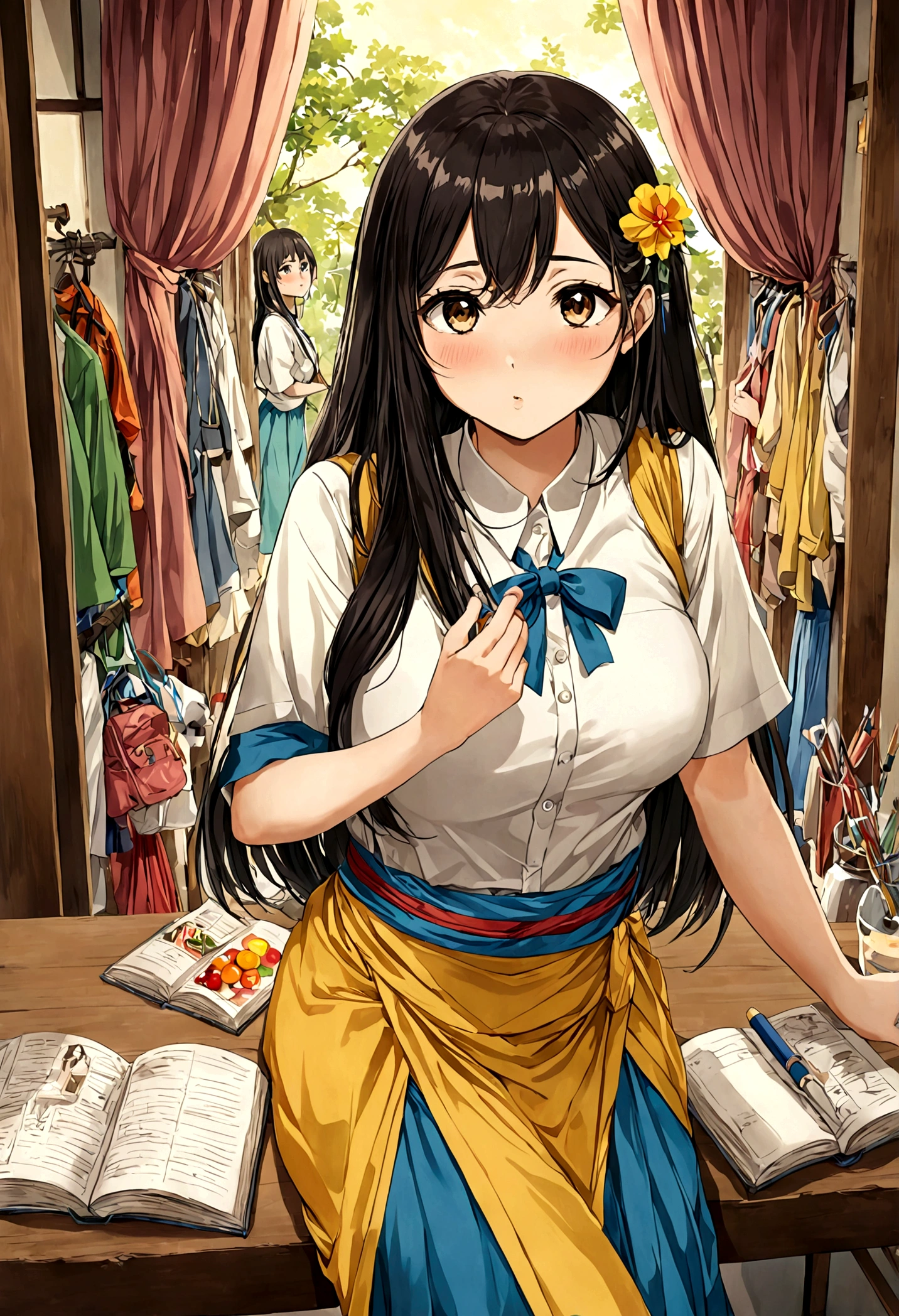 Gambarkan seorang karakter anime perempuan dewasa di dalam ruang kelas. Karakter tersebut mengenakan seragam sekolah yang sedikit longgar dan provokatif, dengan rok yang sedikit terangkat dan kancing baju yang sebagian terbuka. Ekspresi wajahnya menggoda dan genit. Ruang kelas di latar belakang memiliki jendela besar yang memperlihatkan pemandangan luar yang cerah dengan pepohonan hijau. Karakter tersebut duduk di atas meja dengan posisi tubuh yang sensual, salah satu tangan menyentuh bibirnya dan kaki sedikit terbuka. Gaya seni anime yang digunakan harus menonjolkan detail tubuh dan warna-warna yang mencolok