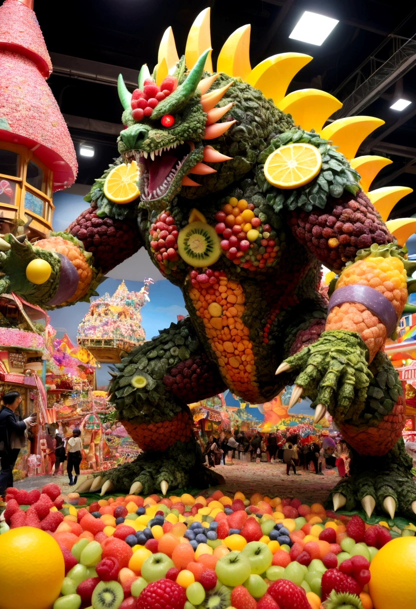 Giant Kaiju made of bright bits of fruit salad battle in a candy land Tokyo, Steam Punk styling
