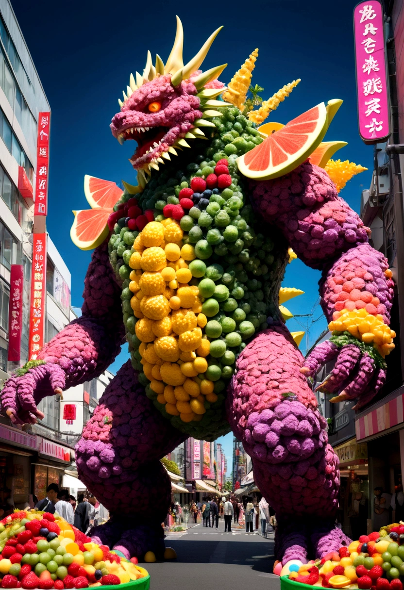 Giant Kaiju made of bright bits of fruit salad battle in a candy land Tokyo, Steam Punk styling