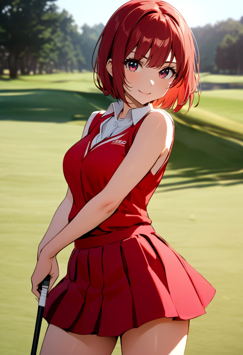 sound high resolution 8k beauty Woman playing golf Golf course Beautiful woman Bobcut Red hair Golf Wear mini skirt smile looking at the camera nice shot No sleeve
