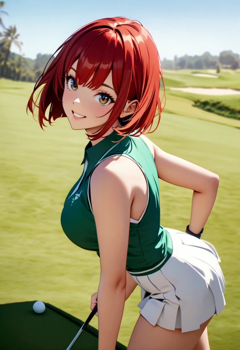 sound　high resolution　8k beauty　Woman playing golf　Golf course　Beautiful woman　Bobcut　Red hair　　Golf Wear　mini skirt　smile　　looking at the camera　nice shot　No sleeve