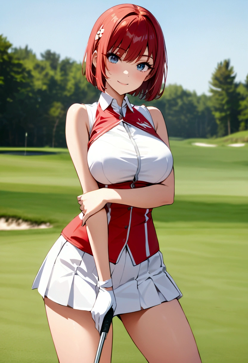 sound　high resolution　8k beauty　Woman playing golf　Golf course　Beautiful woman　Bobcut　Red hair　　Golf Wear　mini skirt　smile　　looking at the camera　nice shot　No sleeve