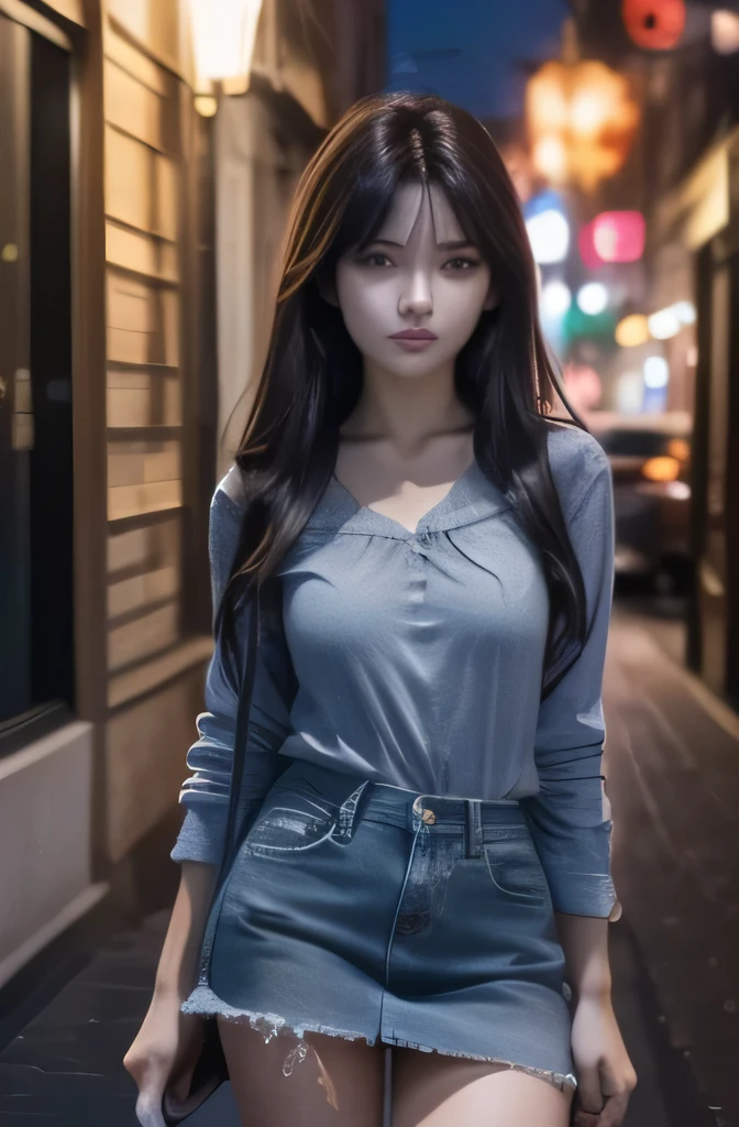 (((best quality))),1 female,slender face,Black Hair,Brown Eyes,medium hair,straight hair,looking at viewer,small breasts,25 years old,No pubic hair,Height: 165cm,City of night,Night Dweller,Damaged denim miniskirt,(((Cool Beauty)))