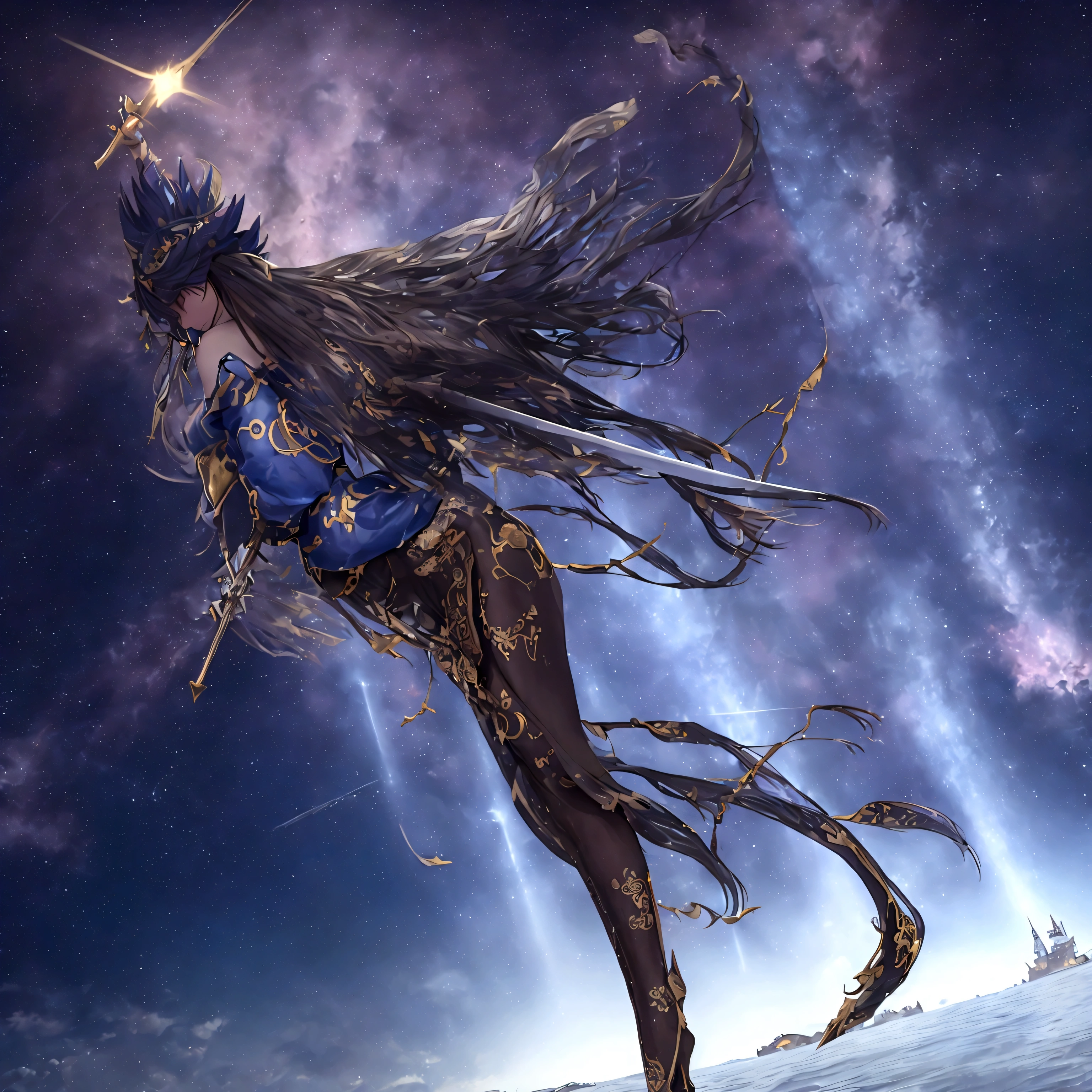 (8k, highest quality, masterpiece, final fantasy style: 1.2), (unRealistic, photoRealistic: 1.37), (one mage lady standing on lake side, huge bouncing bust, with sword with fire, Her sword shines into the heavens:1.1), Dreamy landscape, Fantasy, Unsurreal landscapes, Super detailed, Flying medieval castle, Floating Island in the Sky, Seven-colored swirl of light, (流星のMr.に空を舞う光り輝く尾の長い小鳥:1.3), Aurora, Intense lightning, milky way, Complex Light, Mr.々Colored light, Large Lake, Starry sky reflected on the lake surface, Countless shining stars, Meteors, Many meteors, Aura of, (A pillar of light emanated from the ground:1,2), 複雑な文Mr.の魔法陣,
