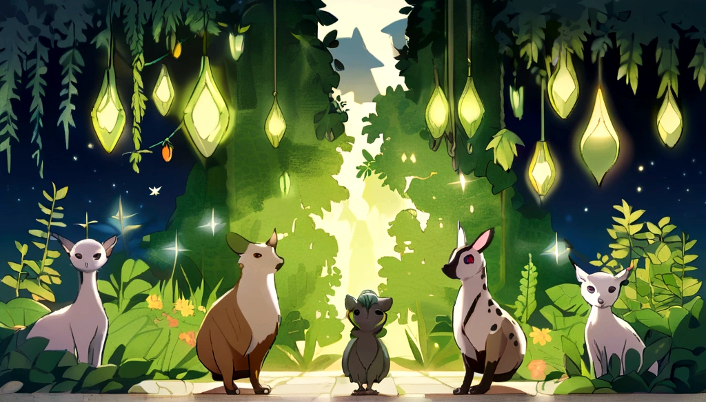um jardim com rios, arvores, animais , plantas