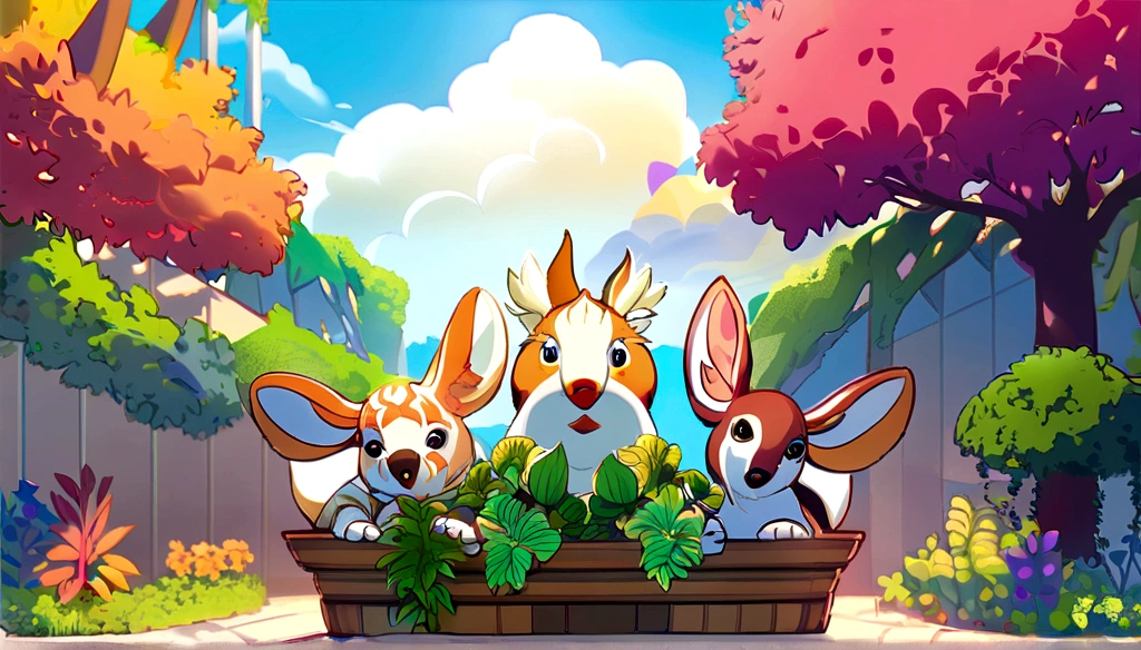 um jardim com rios, arvores, animais , plantas