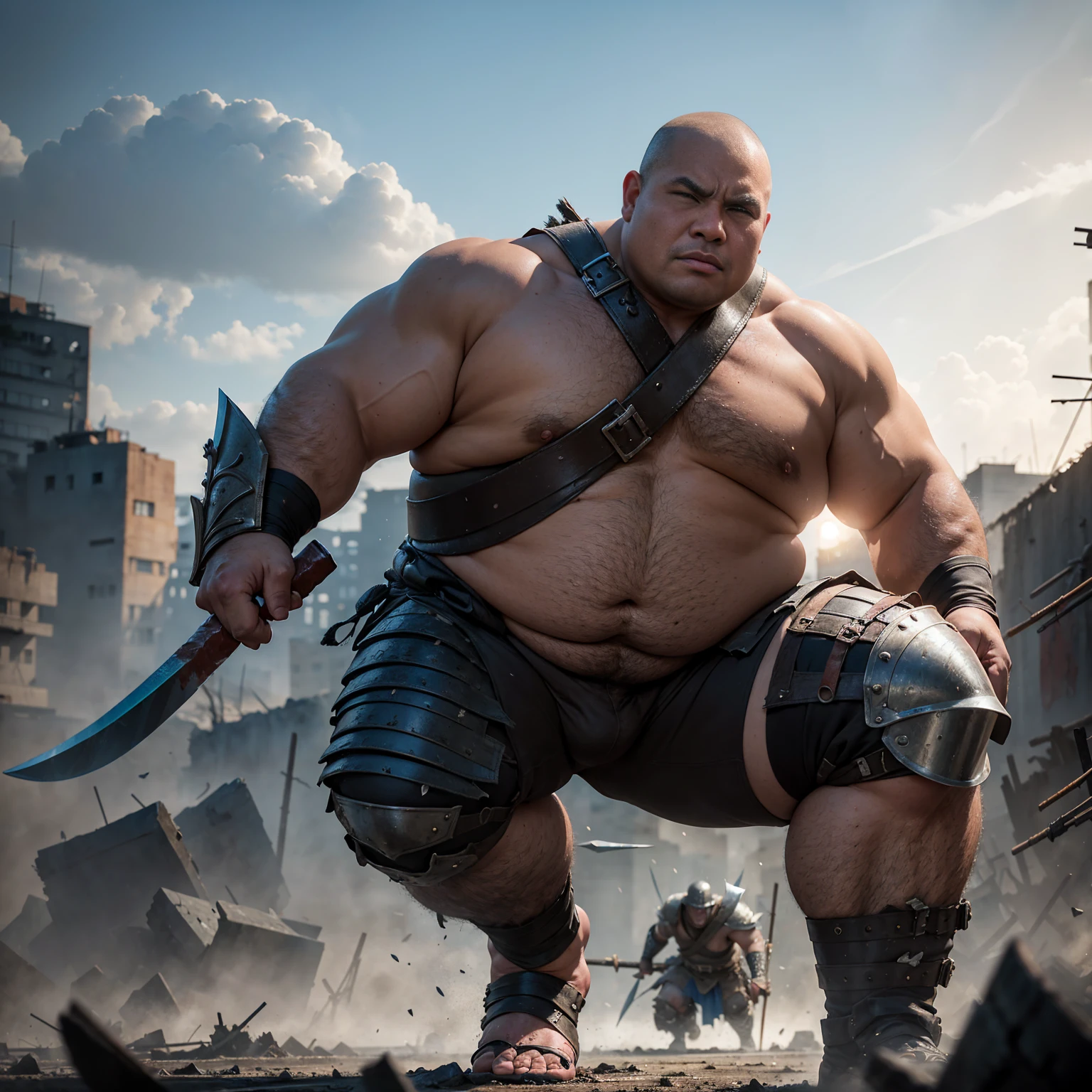 looking at us, Staring Intently, face focus, Bandit, Fat ferocious barbarian:2, This barbarian is a robust stocky Japanese, smirking, mid combat, intense battle scene, leather and iron armor, armored short skirt, holding a Viking War Axes, legs exposed from thighs to feet, fierce warriors, ancient battlefields, epic showdown, battleground background, breathtaking action, masterpiece, volumetric lighting, Dramatic, Uighur the Warden, breathtaking action, dynamic poses, bald, ((ultra sharp)), ((masterpiece)), ((best quality)), ((ultra detailed)), ((intricate details)), Inguinal region detailed, Dilapidated, destroyed city after big air raids, fire, A desolate, post-apocalyptic cityscape, A brutal scene, casting an ominous shadow, He is ejaculating semen, 