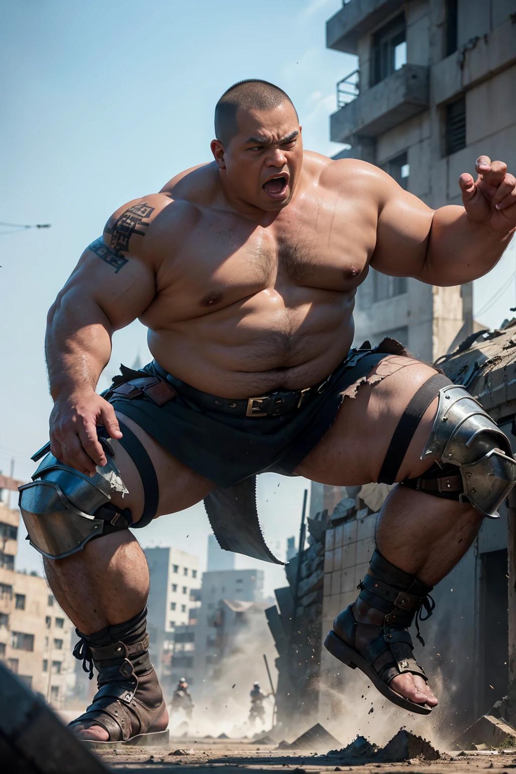 looking at us, Staring Intently, face focus, Bandit, Fat ferocious barbarian:2, This barbarian is a robust stocky Japanese, smirking, lets out a yell, mid combat, intense battle scene, leather and iron armor, armored short skirt, holding a Viking War Axes, legs exposed from thighs to feet, fierce warriors, ancient battlefields, epic showdown, battleground background, breathtaking action, masterpiece, volumetric lighting, Dramatic, Uighur the Warden, breathtaking action, dynamic poses, bald, ((ultra sharp)), ((masterpiece)), ((best quality)), ((ultra detailed)), ((intricate details)), Inguinal region detailed, Dilapidated, destroyed city after big air raids, fire, A desolate, post-apocalyptic cityscape, A brutal scene, casting an ominous shadow, He is ejaculating semen, 