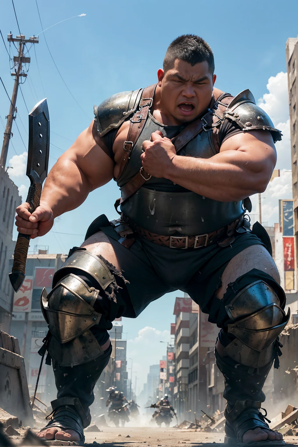 looking at us, Staring Intently, face focus, Bandit, Fat ferocious barbarian:2, This barbarian is a robust stocky Japanese, smirking, lets out a yell, mid combat, intense battle scene, leather and iron armor, armored short skirt, holding a Viking War Axes, legs exposed from thighs to feet, fierce warriors, ancient battlefields, epic showdown, battleground background, breathtaking action, masterpiece, volumetric lighting, Dramatic, Uighur the Warden, breathtaking action, dynamic poses, bald, ((ultra sharp)), ((masterpiece)), ((best quality)), ((ultra detailed)), ((intricate details)), Inguinal region detailed, Dilapidated, destroyed city after big air raids, fire, A desolate, post-apocalyptic cityscape, A brutal scene, casting an ominous shadow, He is ejaculating semen, 