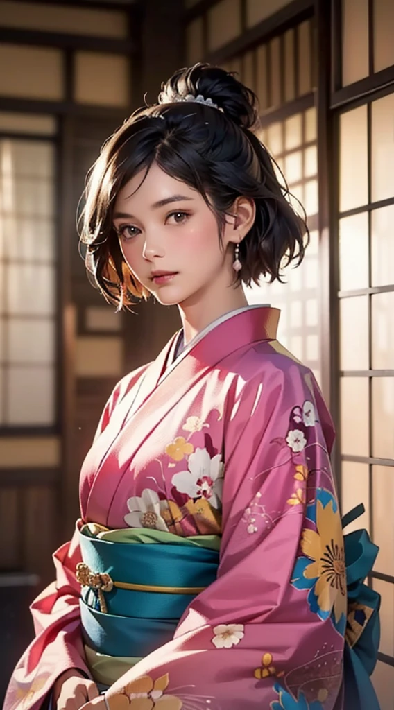 (Realistic)、(Realistic:1.2)、(High resolution)、Very detailed、Very beautiful face and eyes、1 girl、Delicate body、(highest quality、Attention to detail、Rich skin detail)、(highest quality、8k、Oil paint:1.2)、Very detailed、(Realistic、Realistic:1.37)、Bright colors、Full Body Shot,black_hair, Beautiful 8k eyes,Looking_in_Audience,One person in,Are standing,((Very beautiful woman, Fuller lips, Japanese pintern kimono))、((Colorful Japanese kimono)))、(((blackhair)))、(((Blunt bung,short hair)))、((( Inside an old Japanese house with a (short focus :1.4),)))、(masterpiece, highest quality, highest quality, Official Art, beautifully、aesthetic:1.2),(Fractal Art:1.3),Sengoku period、Greg Rutkowski Written by Alphonse Mucha Ropp,short ,uchikake,nishijin ori,(realistic light and shadow), (real and delicate background),(muted colors, dim colors, soothing tones:1.3), low saturation, (hyperdetailed:1.2), (noir:0.4),drow,blurry_light_background, (vibrant color:1.2), cinematic lighting, ambient lighting,Single Shot,Shallow Focus,pink lip,blurry light background,