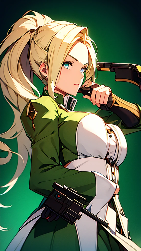 a blonde, green-eyed girl dressed like a noble holding a gun