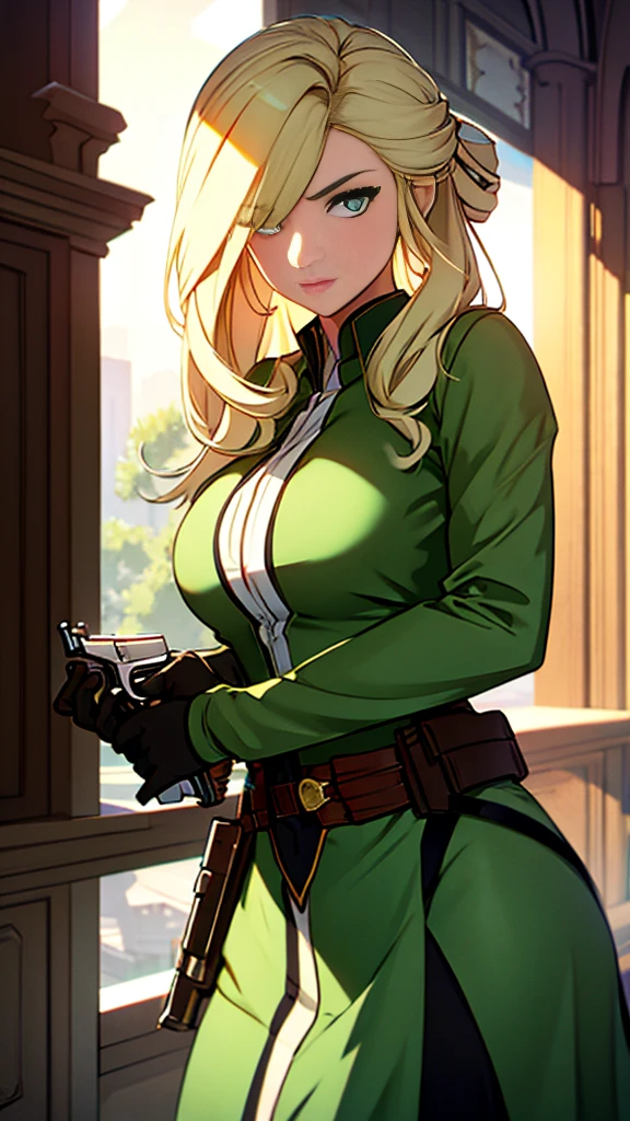 a blonde, green-eyed girl dressed like a noble holding a gun