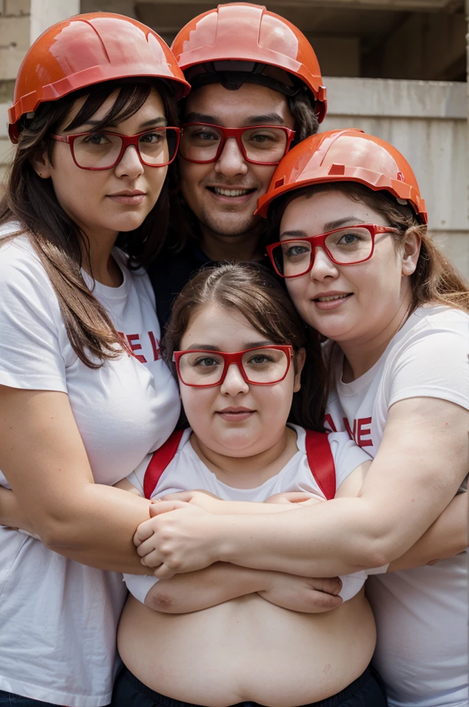 a fat man and two women working as safety hugging each other wearing red safety shirts and red helmets wearing white safety glasses