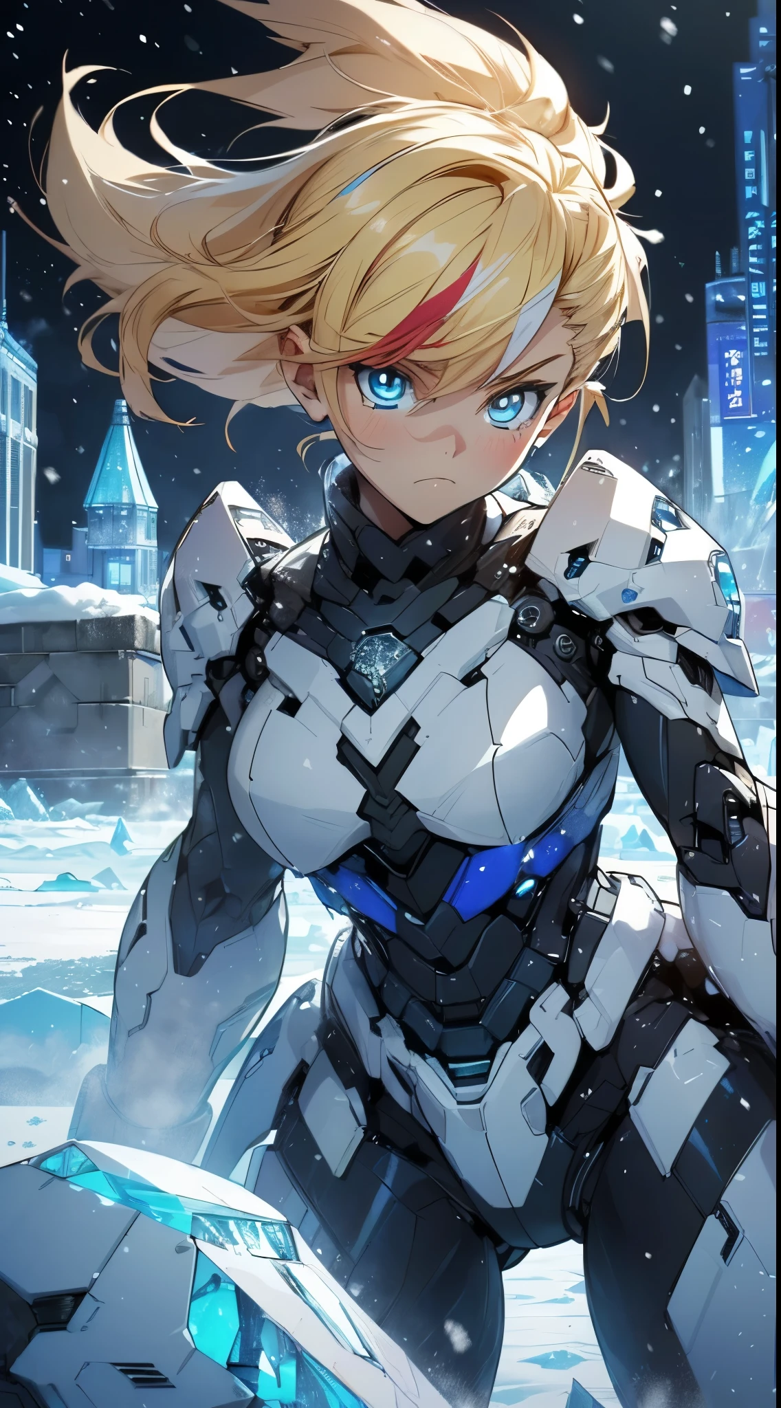 top-quality、Top image quality、masterpiece、Android Girl((blue mechanic body、sixteen years old、teen ager、White Mechanical Body、Best Bust、big bast,Beautiful light blue eyes、Breasts wide open, a blond、A slender,Large valleys、dye one's cheeks red、Leaning forward、has a blade of ice、White breath、have an ice gun、Reflecting the whole body)),hiquality、Beautiful Art、Background with((Fantastic world、Ice Burn City at night、snowflakes falling、Heavy snow falls、snowman、ice tower)))、masutepiece、depth of fields,