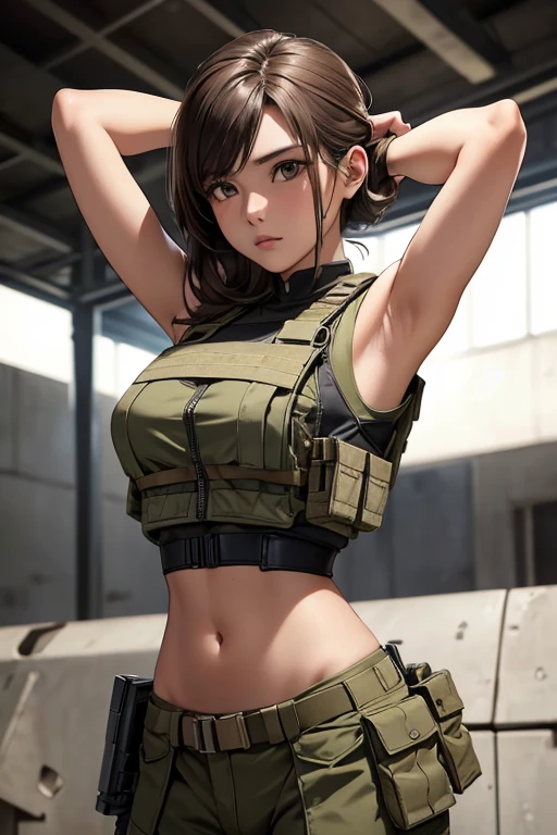 military girl, brown ponytail, black tshirt, baggy military camo pants, slim waist, best quality, indoor shooting range, practice, holding m4a1, sweating, after training, looking at viewer,tacticool, dwarfoil, Tattoos, holding colt 1911 in both hands pointed toward the sky, beautiful wood and steel colt 1911,
