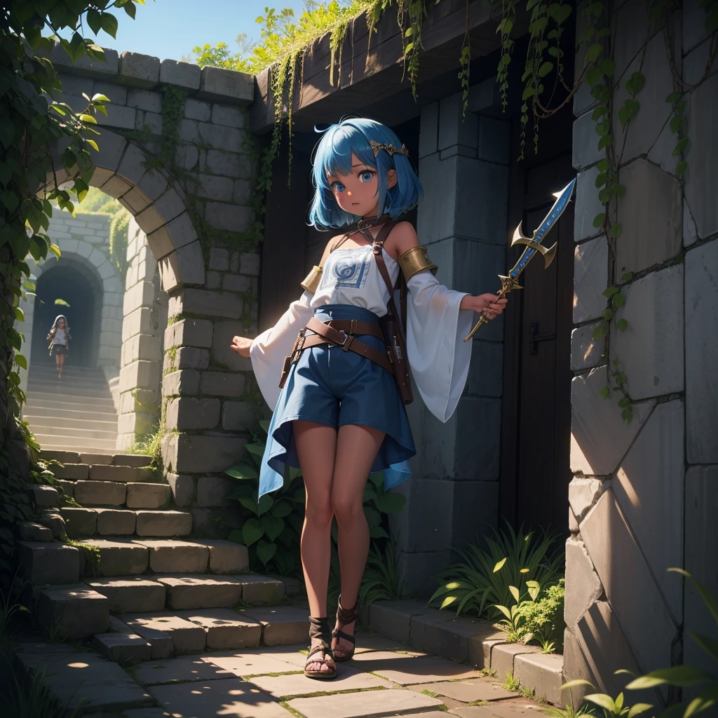 最high quality、high quality、Frugal cloth clothes、10Year-old girl adventurer、Climb the labyrinth stairs、Shorts、Equipped with a dagger and a shield、Inside the dim labyrinth、The body is covered in slime