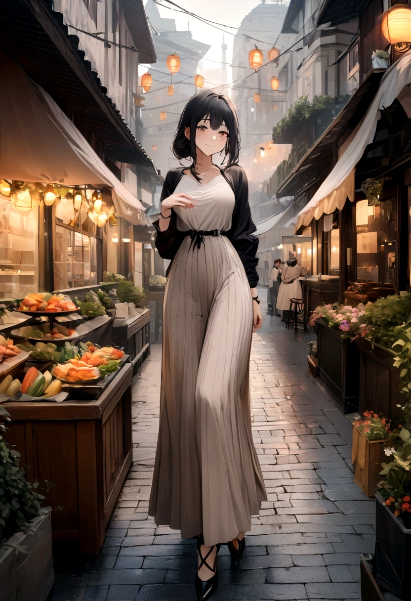 (masterpiece, highest quality, Highest Resolution, clear_image, Detailed explanation):Black Hair,beautiful girl,Whole body,smile,In the city