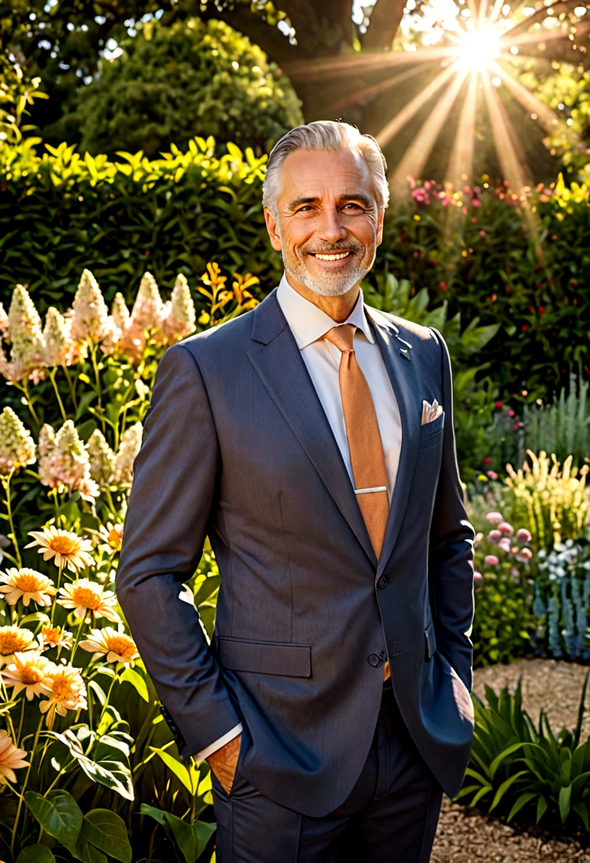 A man, father, dad, portrait, photorealistic, highly detailed, 8k, realistic, realistic lighting, warm lighting, warm colors, loving expression, kind eyes, gentle smile, wearing a suit, holding a , outdoors, garden, flowers, sun rays, soft focus