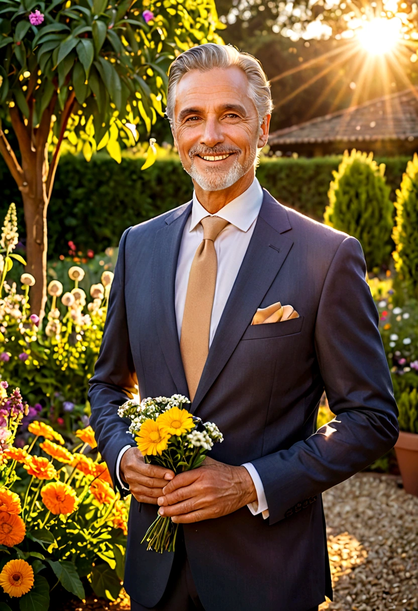 A man, father, dad, portrait, photorealistic, highly detailed, 8k, realistic, realistic lighting, warm lighting, warm colors, loving expression, kind eyes, gentle smile, wearing a suit, holding a , outdoors, garden, flowers, sun rays, soft focus