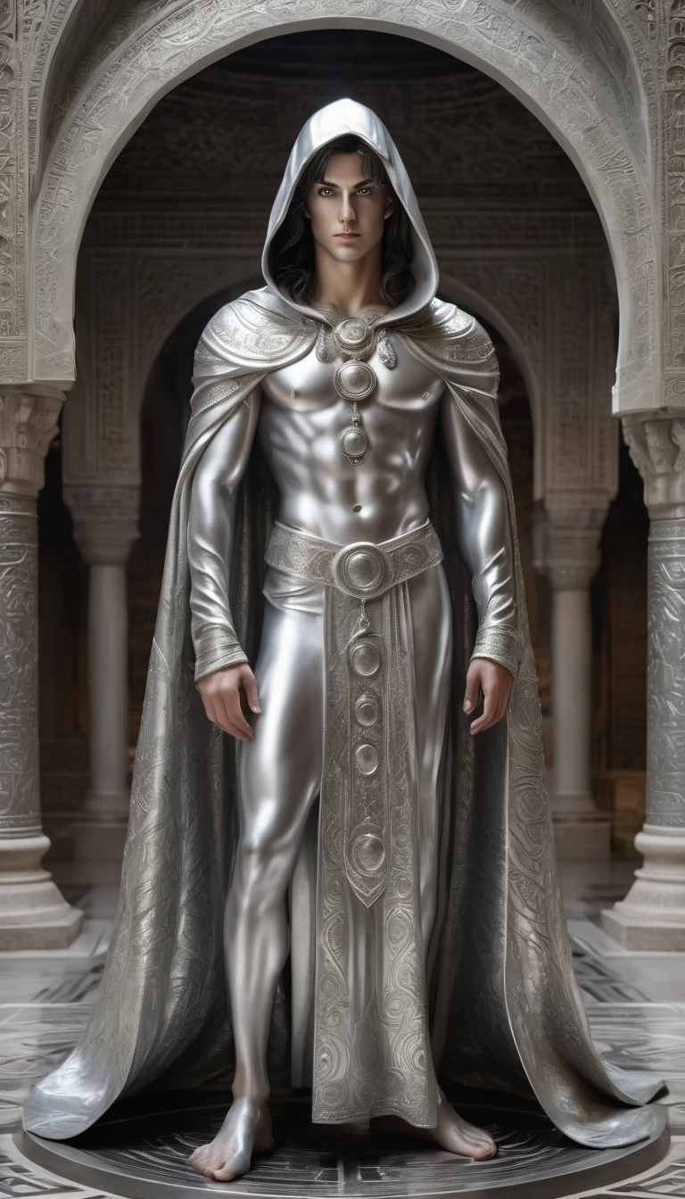 A full-length statue of the sexual young man with beautiful opened silver eyes looking forward with silver skin - God of the moon, made of silver, arabic appearance, naked in a floor-length silver skirt, covered with a hood, semicircular symbols on clothes
In the temple with Arabic architecture made of silver, dark fantasy style