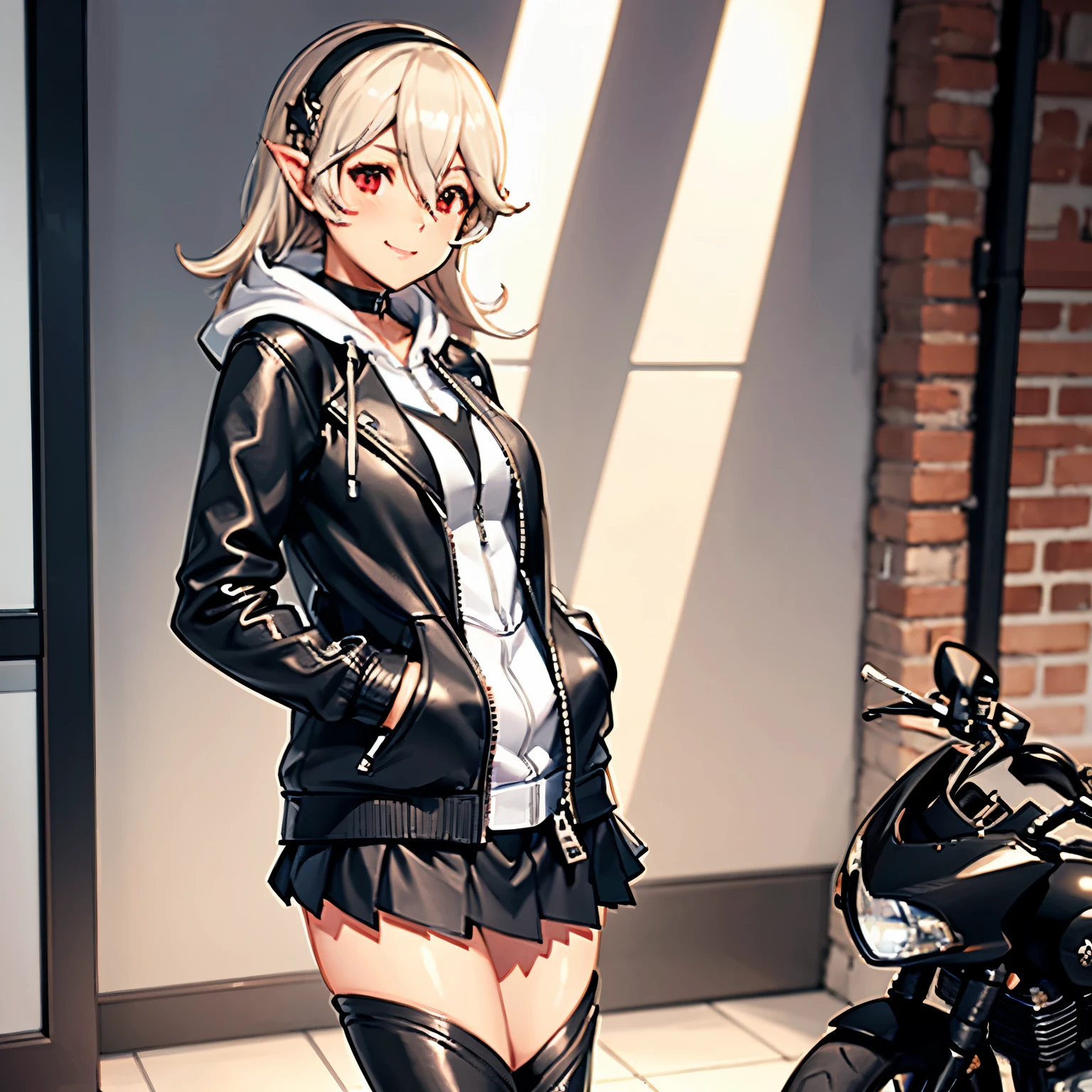 Female corrin, unzipped_biker_jacket, black_leather_fabric, pleated_skirt, _straight_boots, white_hoodie_under_jacket, skinny, gentle_smile, blushing, beautiful, female, high resolution, 8k