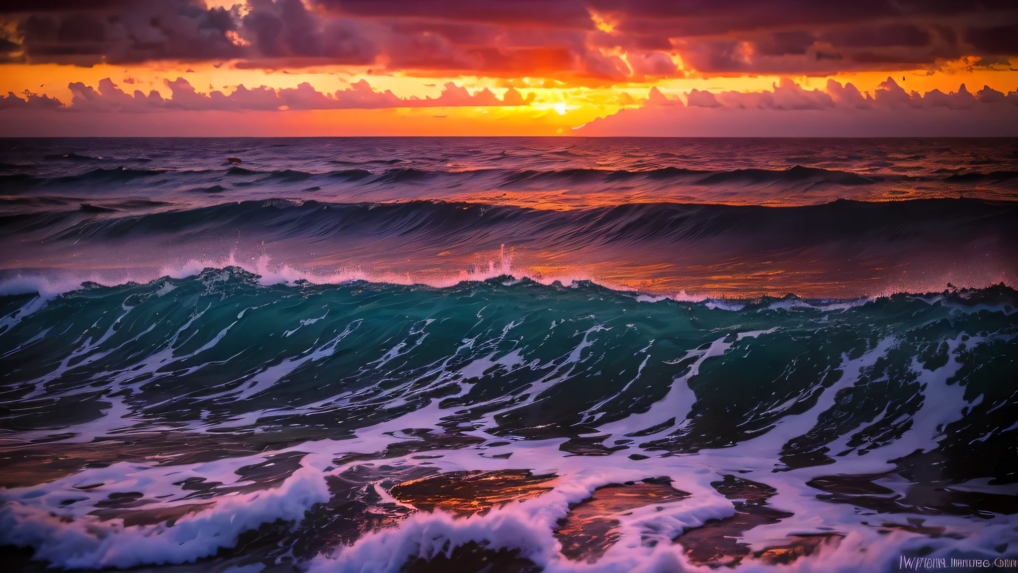 arafed view of a sunset over the ocean with waves crashing, chaotic sea setting, vibrant sunrise, breathtaking colors, breathtaking look, vibrant sunset, breathtaking composition, beautiful sea landscapes, stunning sunset, magnificent background, sunset glow, beautiful background, beautiful dreamy breathtaking, marc adamus, warm beautiful scene, epic sunset, beautiful sunset, beautiful sunset glow, beautiful ocean