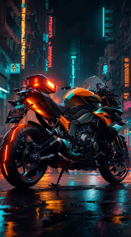 arafed motocicleta parked in the rain in a city at night, sentado na moto cyberpunk, suzuki futurista, orange and cyan lighting, cyberpunk lighting, motocicleta, estilo de arte cyberpunk, brilho cyberpunk brilhante, futuristic motocicleta, Neon cyber lighting, cyberpunk 8k, cyber neon lights, estilo cyberpunk hiper-realista, cyberpunk with neon lighting, Estilo cyberpunk neon
