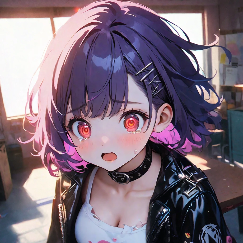 2d,female\(cute,kawaii,age of 12,crying,confused\((very small galaxy circling around head:0.5)\),floating hair,(violet hair:1),pale skin, eyes shining,(big eyes),(ripped clothes:1.5),tight tube top,(breast:1.4),tight hot pants,(stomach shown:0.6),(punk fashion:1.4),(ripped black short jacket:1.4),fluffy black cat-ear,better hands,Perfect Hands,full body,(bright white @_@:1.8)\) is detention and taking a exam in the front of the mad teacher, BREAK ,at the college room,[chibi:1.4],[nsfw:2.0],quality\(8k,wallpaper of extremely detailed CG unit, ​masterpiece,hight resolution,top-quality,top-quality real texture skin,hyper realisitic,increase the resolution,RAW photos,best qualtiy,highly detailed,the wallpaper/),dynamic angle,[nsfw:0.8],