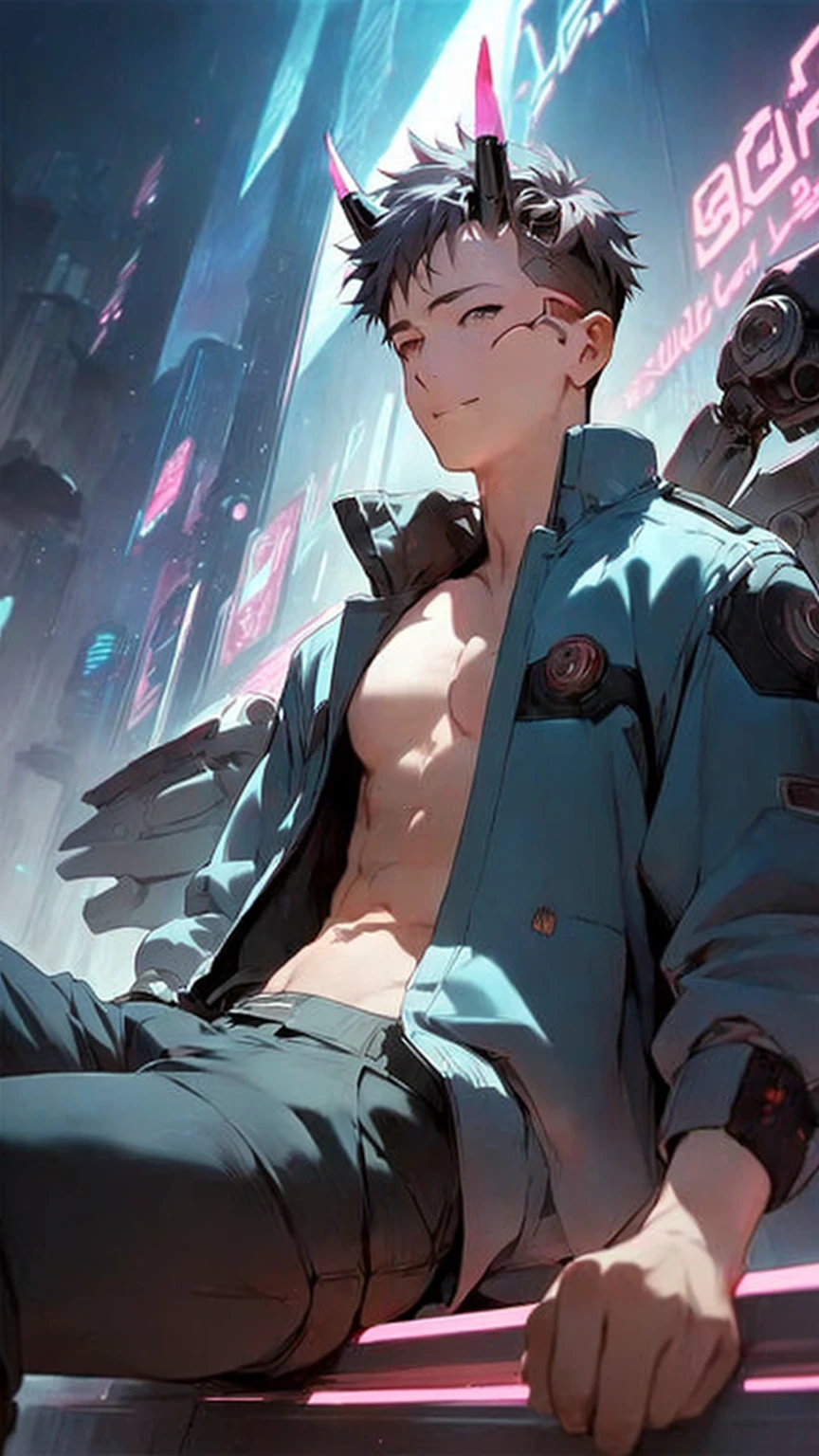 anime guy with a shirtless torso sitting on a ledge in a city, digital cyberpunk anime art, digital cyberpunk - anime art, cyberpunk anime art, anime cyberpunk art, artwork in the style of guweiz, ross tran style, modern cyberpunk anime, muscular! cyberpunk, inspired by Yanjun Cheng, handsome anime pose, oppai cyberpunk, cyberpunk art style