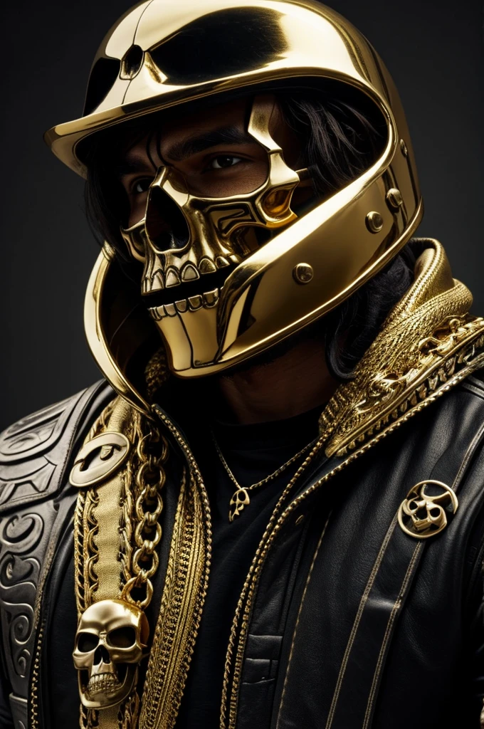 Quiero un humano con el cabello hasta los hombros, have a skull mask, con chaqueta de cuero y cadenas de oro