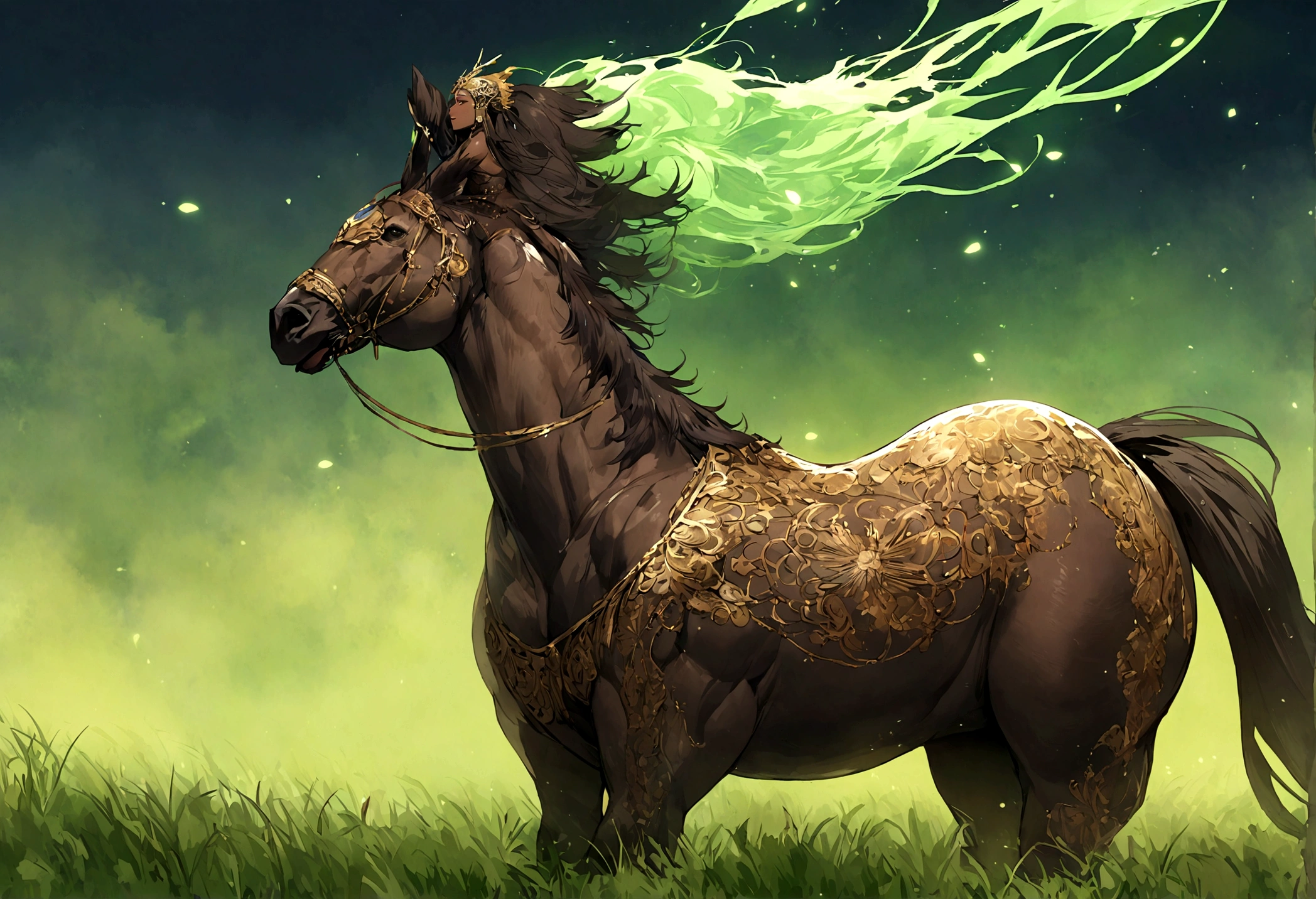 side view of a Big Brabant stallion emitting jet of light green from bum , in a grass field. being ridden by a large very full figured dark skinned nude African woman
