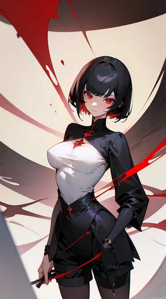 ((Best Quality)), ((Masterpiece)), (Detailed), Girl with short black hair, with straight bangs, red eyes, eyes with eris showing strength, tall and slender, very beautiful and feminine features, with loose black clothing, wearing shorts with long black stockings, short hair, nice breasts