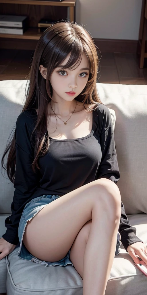 Anime GirlSitting on the sofa,Cross your legs,Relaxed posture,Casual posture,有吸引力的Anime Girl,Style Anime,Anime Girl,诱人的Anime Girl,美丽的Anime Girl,Sitting on the sofa,年轻的Anime Girl,(Anime Girl),Anime pictures,Beautiful and attractive anime teen,Beautiful and attractive anime woman,Anime Girl蹲着,Wearing casual clothes