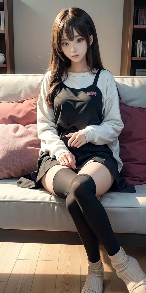 Anime GirlSitting on the sofa，Cross your legs，Relaxed posture，Casual posture，有吸引力的Anime Girl，Style Anime，Anime Girl，诱人的Anime Girl，美丽的Anime Girl，Sitting on the sofa，年轻的Anime Girl，（Anime Girl），Anime pictures，Beautiful and attractive anime teen，Beautiful and attractive anime woman，Anime Girl蹲着，Wearing casual clothes
